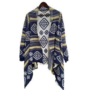 Navajo Print Open Front Cardigan Sweater Drap Front Blue Yellow Cream Size M